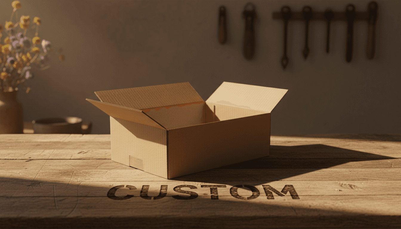Open empty cardboard box on a wooden table