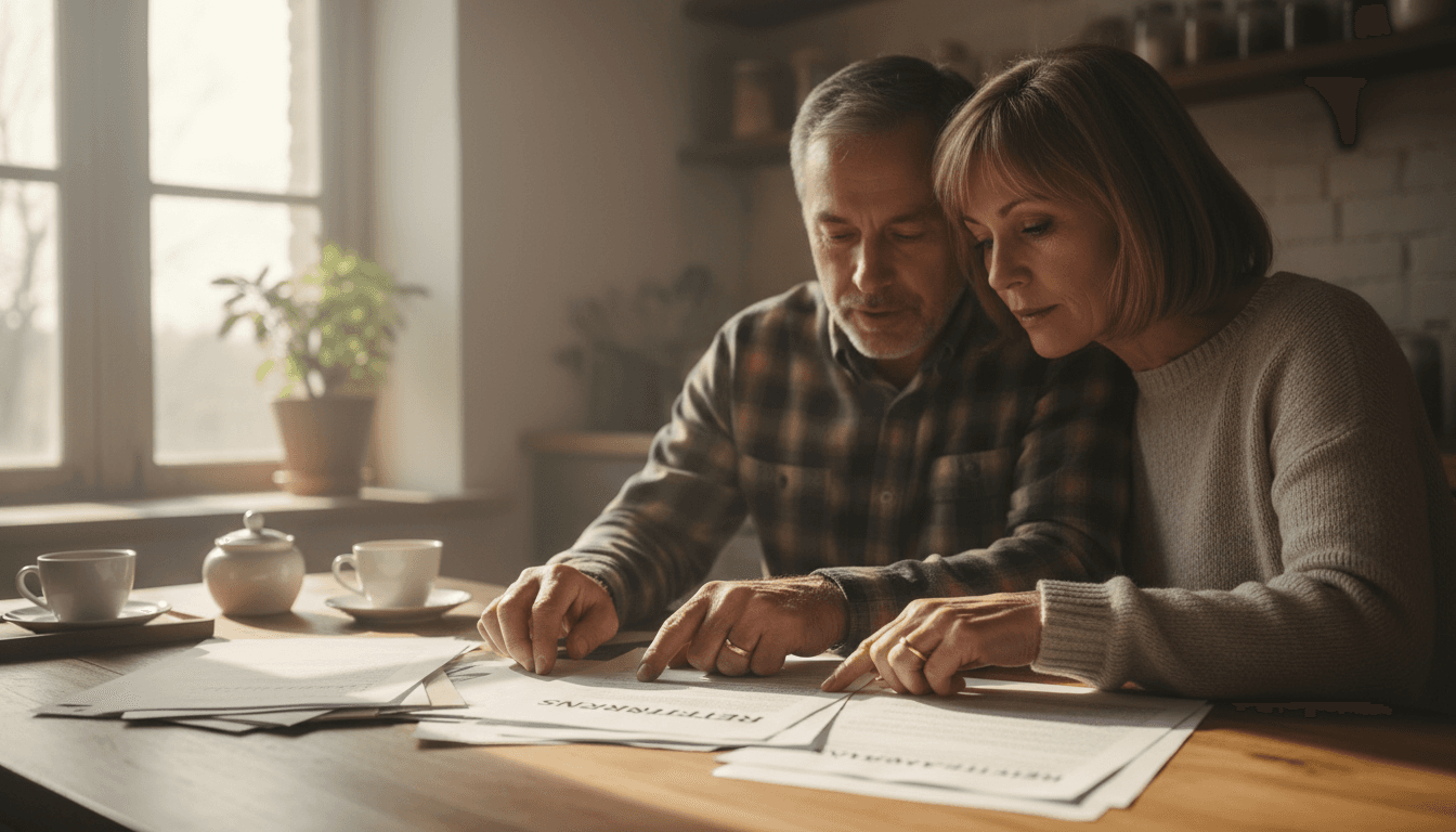 Man and woman reviewing insurance paperwork at a kitchen table