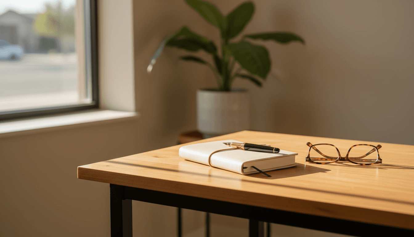 Desk with notebook, fountain pen, and reading glasses in a small insurance office