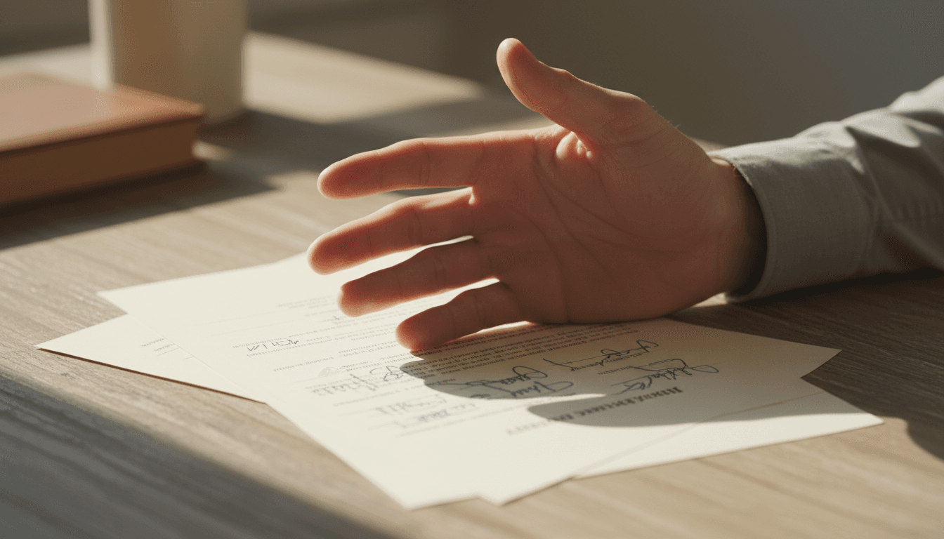Hand resting on a signed insurance policy document on a wooden desk