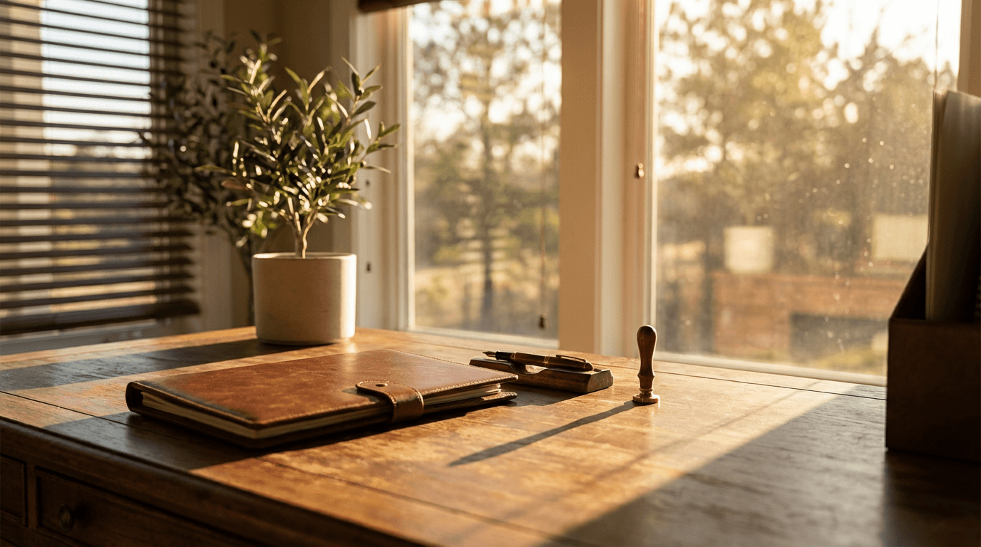 Hands reviewing a simple insurance document at a kitchen table with morning light